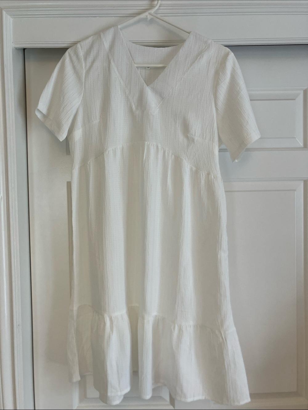 Girls' White V-Neck Tiered Dress